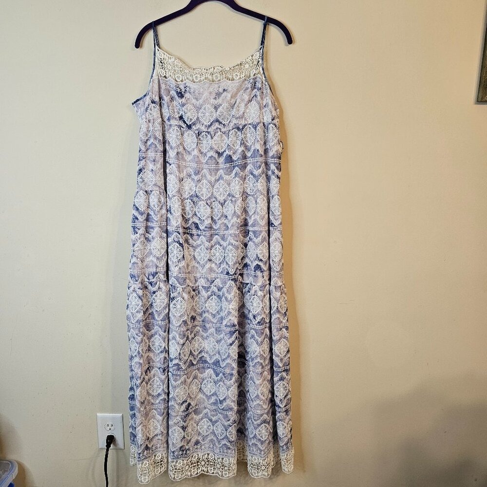 Doncaster Collection Maxi Dress Womens 16P Blue Tie Dye Embroidered Lace NWT